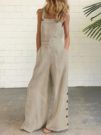 High Waisted Loose Buttoned Pockets Solid Color Spaghetti-Neck Overalls