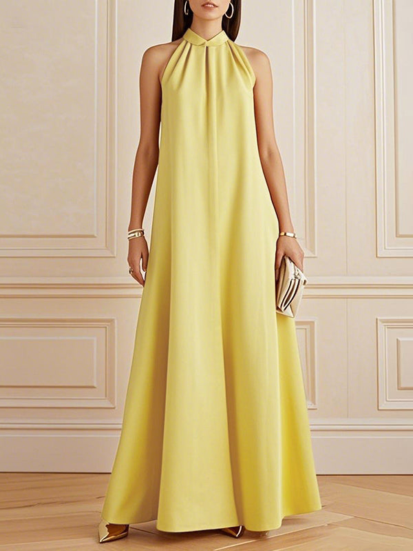 A-Line Loose Pleated Solid Color Mock Neck Maxi Dresses