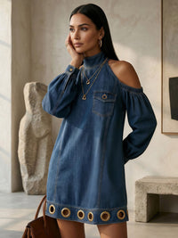 Hollow Pockets Solid Color Split-Joint Long Sleeves Loose Cold Shoulder Mini Dresses