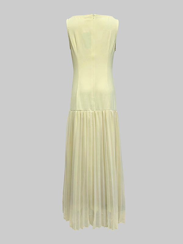 Gauze Pleated Solid Color Split-Joint Sleeveless Boat Neck Maxi Dresses Evening Dresses