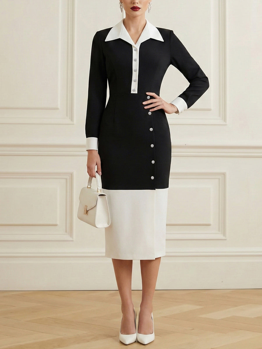 Buttoned Contrast Color Split-front Split-Joint High Waisted Long Sleeves Lapel Midi Dresses