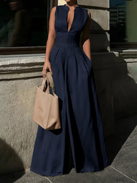 High Waisted Loose Pockets Solid Color Zipper V-Neck Jumpsuits