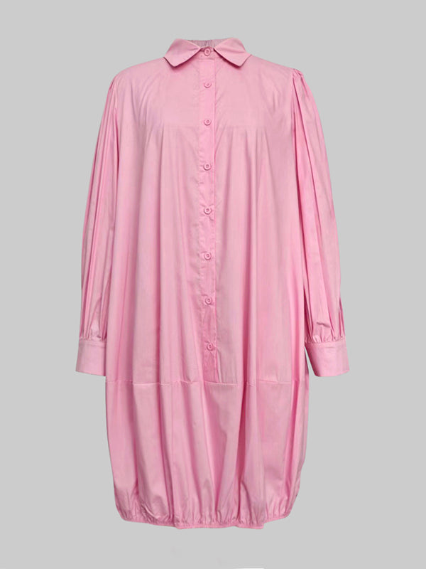 Buttoned Pleated Pockets Solid Color Long Sleeves Loose Lapel Midi Dresses