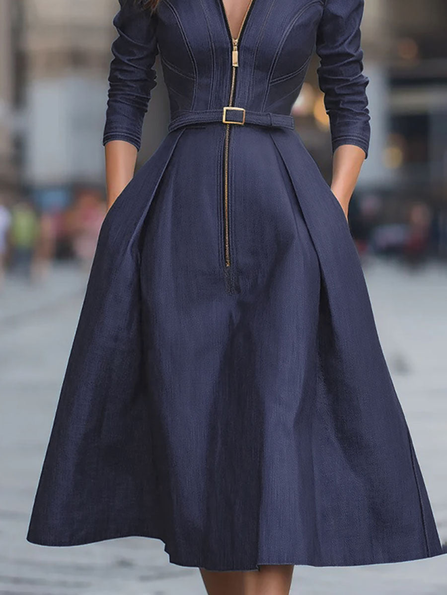 Belted Pleated Pockets Zipper A-Line High Waisted Lapel Midi Dresses