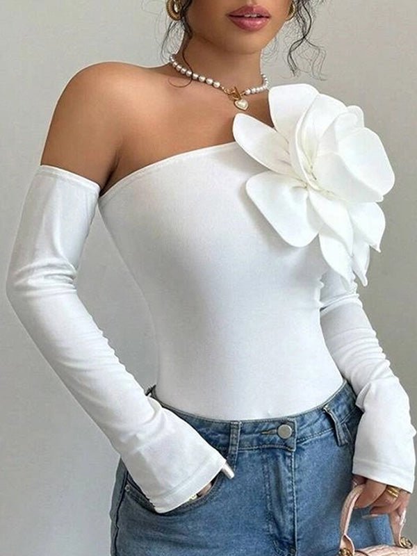 Solid Color Three-Dimensional Flower Long Sleeves Skinny One-Shoulder T-Shirts Tops