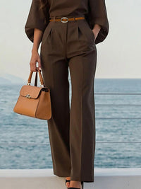 High Waisted Loose Pleated Solid Color Split-Joint Pants Trousers