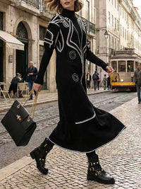 False Two Long Sleeves Print Half Turtleneck Midi Dresses Sweater Dresses