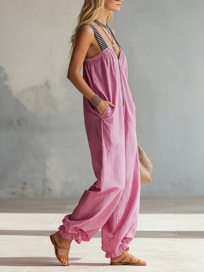Loose Sleeveless Adjustable Elasticity Pleated Pockets Split-Joint Striped Zipper Deep V-Neck Jumpsuits