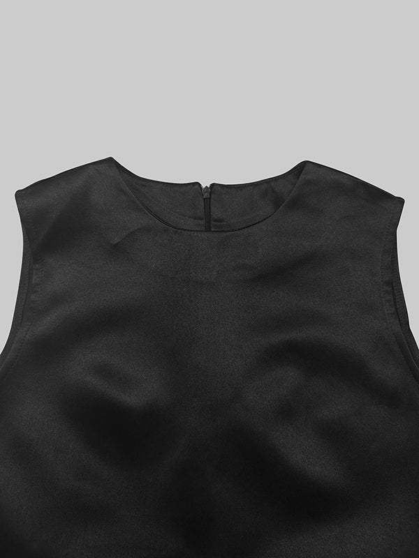 Solid Color Split-Joint High-Low Loose Round-Neck Midi Dresses