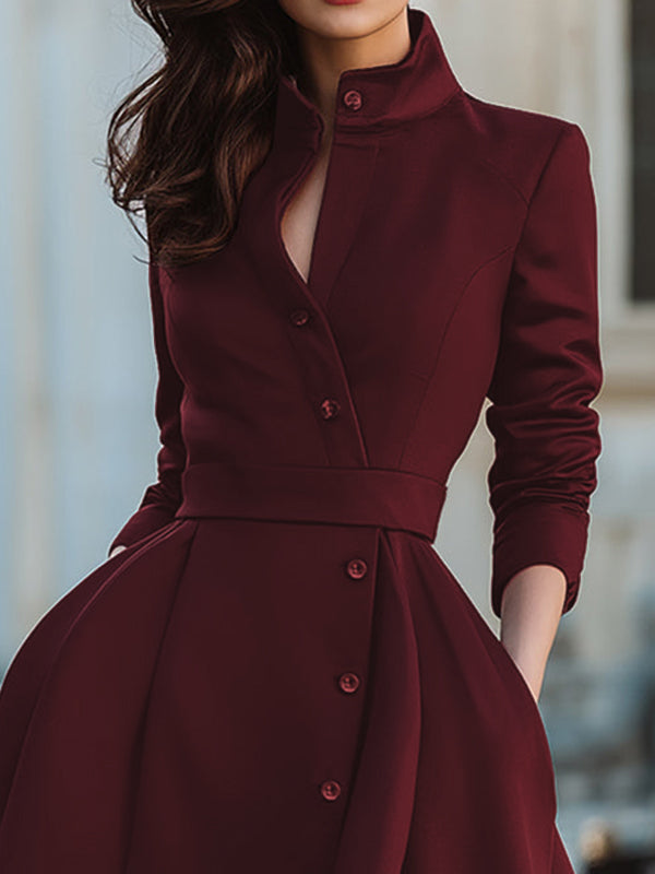 Buttoned Pockets Solid Color Split-Joint A-Line High Waisted Stand Collar Midi Dresses