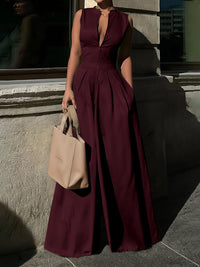 High Waisted Loose Pockets Solid Color Zipper V-Neck Jumpsuits