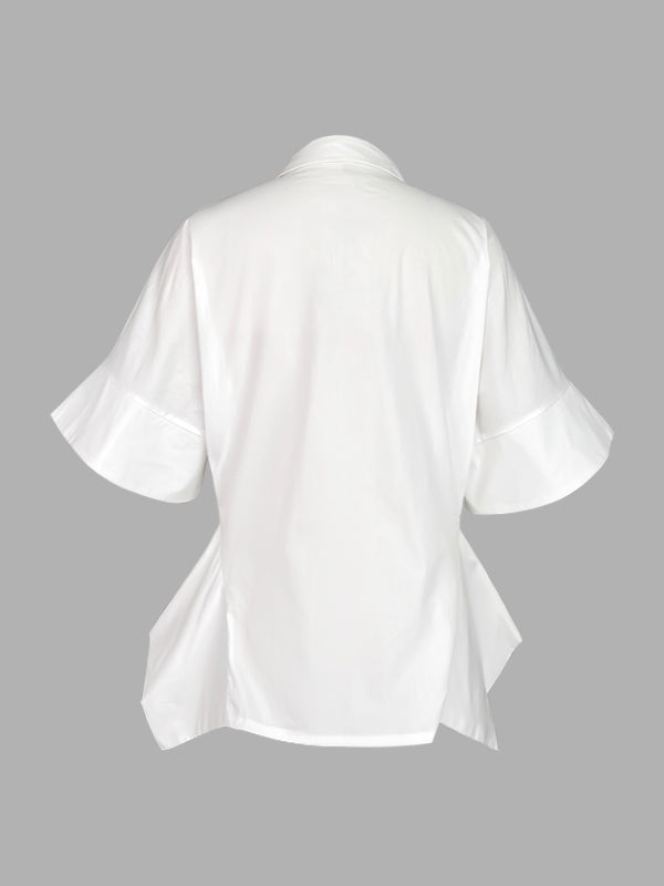 Half Sleeves Loose Buttoned Solid Color Lapel Blouses&Shirts Tops