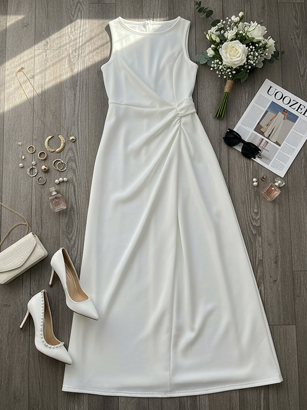 Sleeveless Gauze Pleated Solid Color Split-Joint Round-Neck Evening Dresses Maxi Dresses