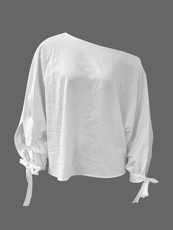 Long Sleeves Loose Asymmetric Solid Color Tied One-Shoulder Blouses&Shirts Tops