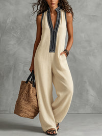 Pockets Solid Color Zipper Sleeveless Wide Leg Stand Collar Jumpsuits