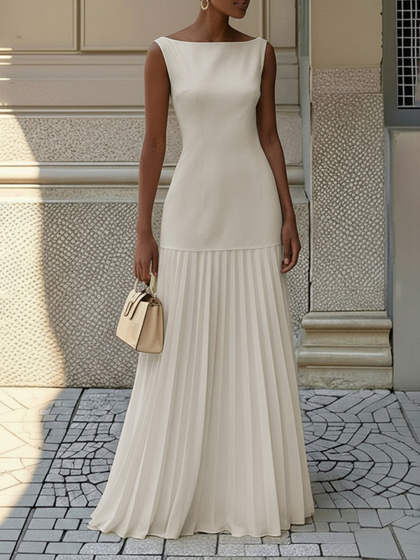 Gauze Pleated Solid Color Split-Joint Sleeveless Boat Neck Maxi Dresses Evening Dresses