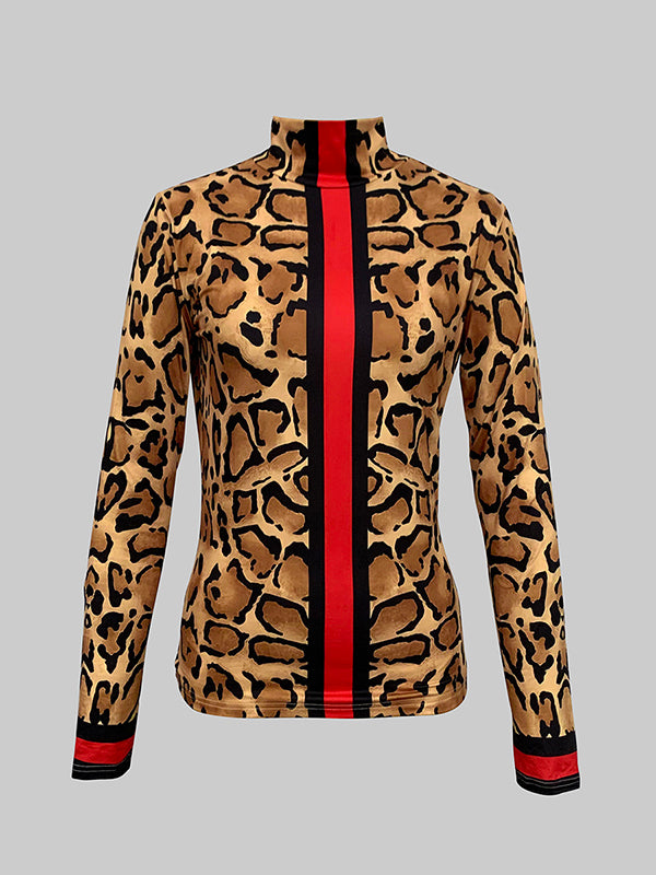 Long Sleeves Skinny Contrast Color Leopard High Neck T-Shirts Tops