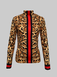 Long Sleeves Skinny Contrast Color Leopard High Neck T-Shirts Tops