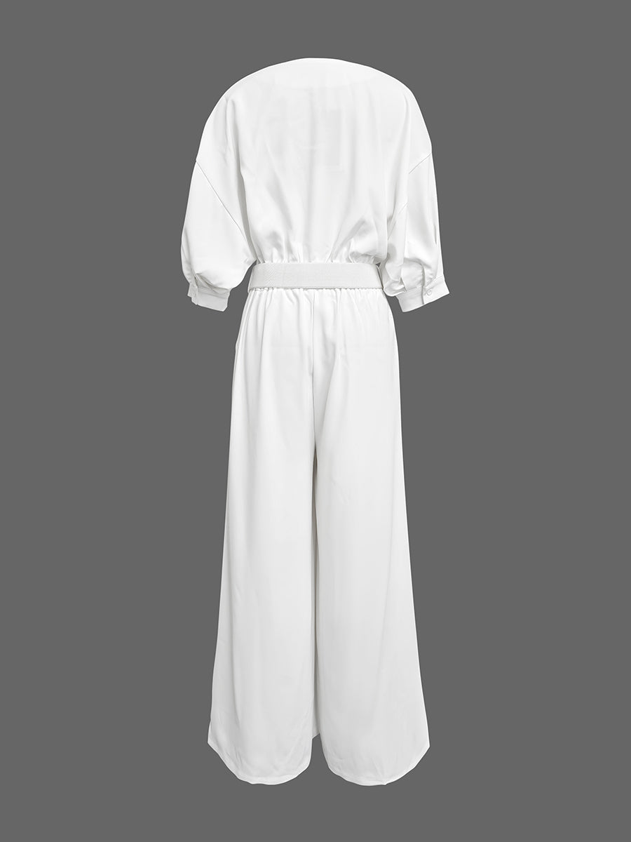 Half Sleeves Loose No Belt Solid Color Deep V-Neck Jumpsuits