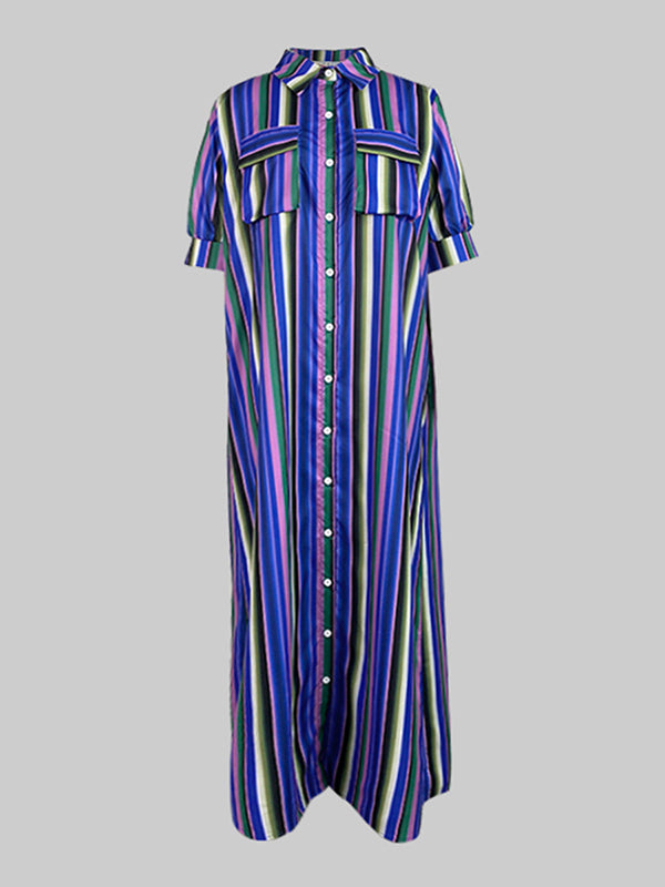 Split-Joint Striped Long Sleeves Loose Lapel Shirt Dress Maxi Dresses