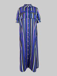 Split-Joint Striped Long Sleeves Loose Lapel Shirt Dress Maxi Dresses