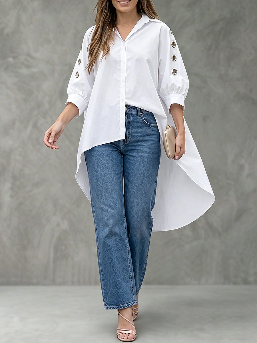 Buttoned Hollow Pleated Solid Color High-Low Loose Lapel Blouses&Shirts Tops