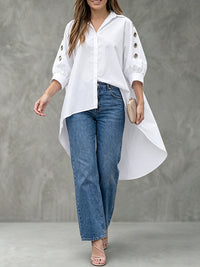Buttoned Hollow Pleated Solid Color High-Low Loose Lapel Blouses&Shirts Tops