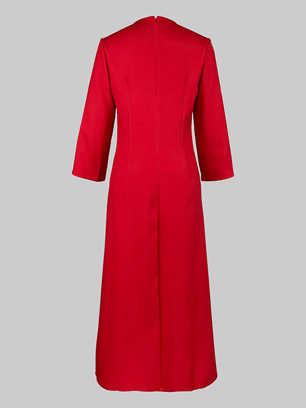 Contrast Color Flower Print Loose Three-Quarter Sleeves Round-Neck Midi Dresses