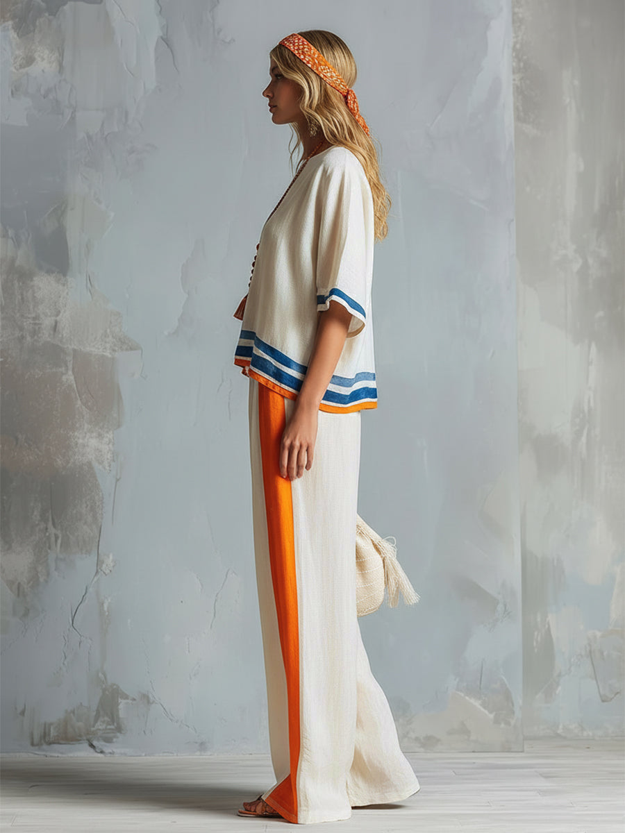 Pockets Striped High Waisted Loose Trousers Pants
