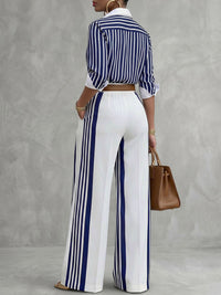 Long Sleeves Buttoned Contrast Color Striped Lapel Blouses&Shirts Tops