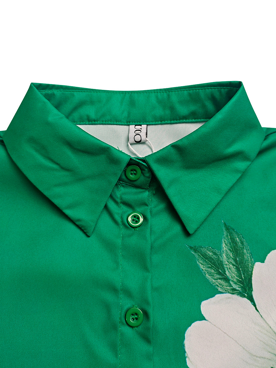 High-Low Long Sleeves Buttoned Flower Print Lapel Blouses&Shirts Tops