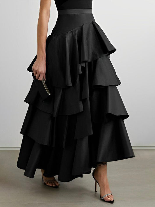 A-Line High Waisted Falbala Solid Color Long Skirts Skirts Bottoms