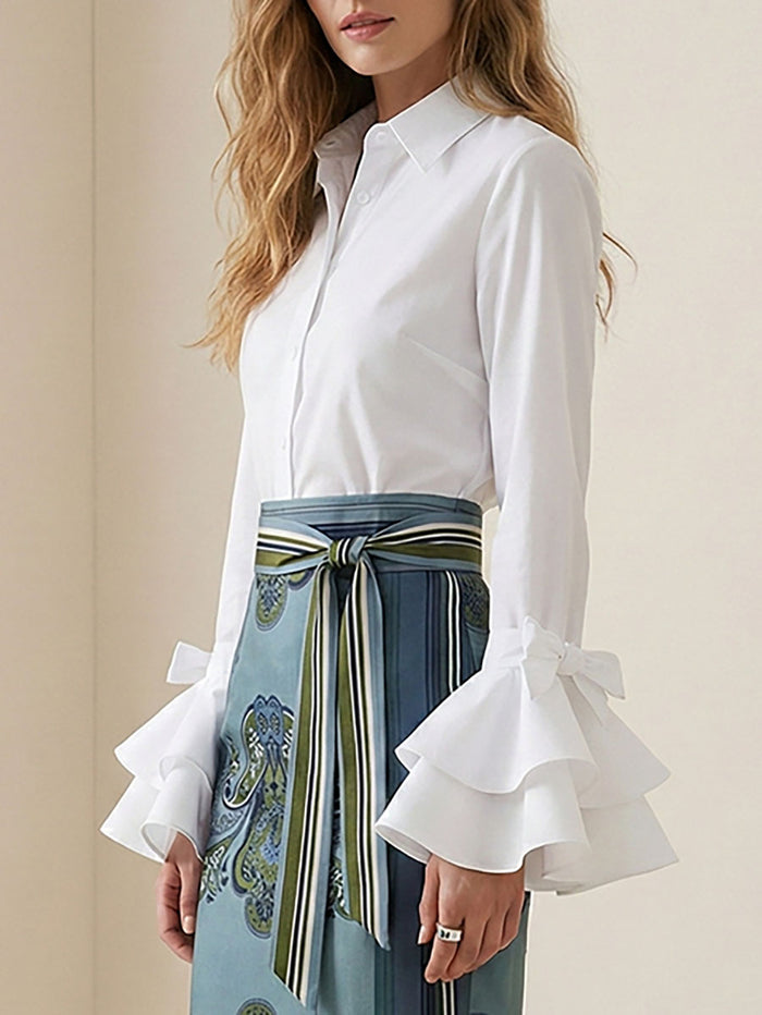 Flared Sleeves Bow-Embellished Falbala Solid Color Lapel Blouses&Shirts Tops