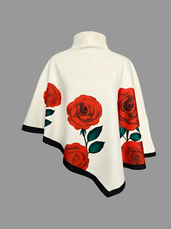 Long Sleeves Loose Flower Print High Neck 1 Piece Cape