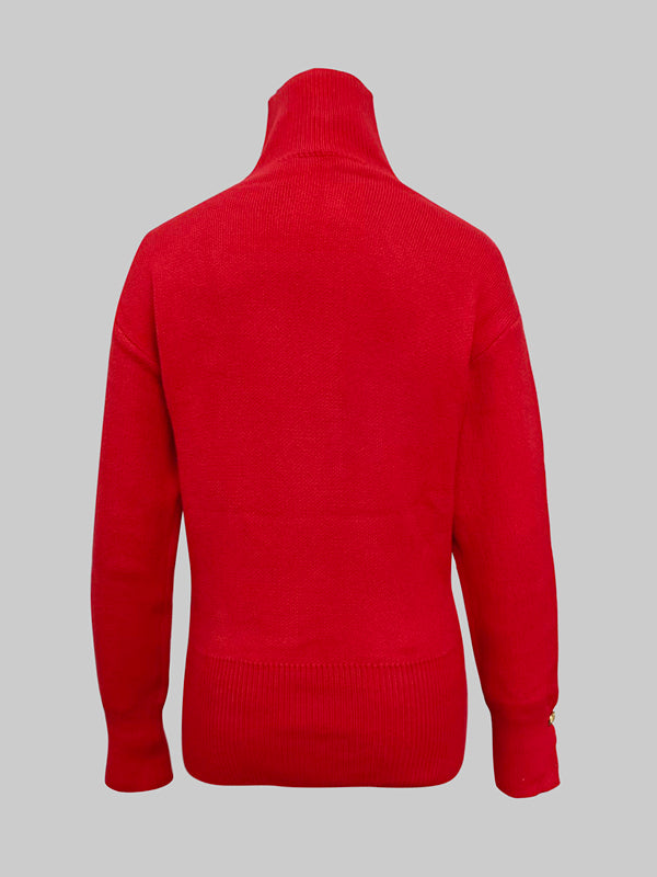 Long Sleeves Loose Beaded Solid Color Split-Side High Neck Sweater Tops