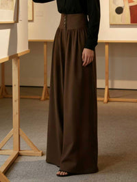 Elasticated Waist High Waisted Buttoned Pleated Pockets Solid Color Split-Joint Pants
