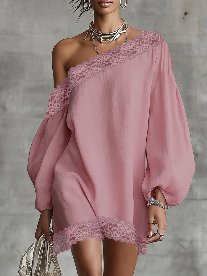 Solid Color Split-Joint Long Sleeves Loose One-shoulder Mini Dresses