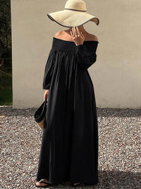 Loose Puff Sleeves Elasticity Pleated Solid Color Off-The-Shoulder Maxi Dresses