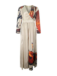 Long Sleeves Loose Floral Printed Pleated Split-Joint V-Neck Jumpsuits