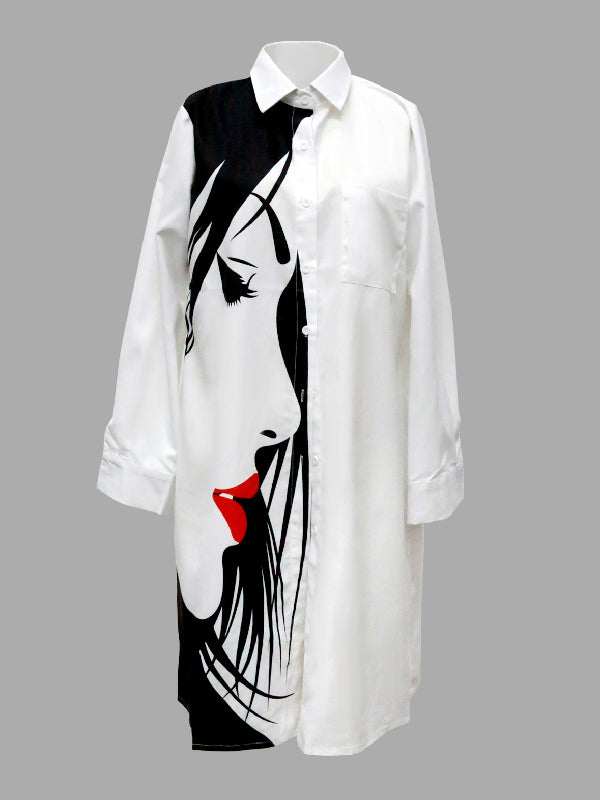 Long Sleeves Loose Buttoned Figure Printed Lapel Collar Midi Dresses