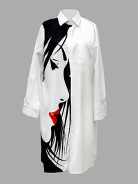 Long Sleeves Loose Buttoned Figure Printed Lapel Collar Midi Dresses