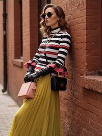 Long Sleeves Skinny Contrast Color Ruffled Split-Joint Striped Half Turtleneck Blouses&Shirts Tops