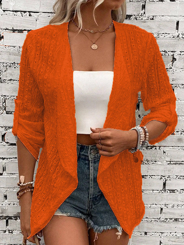 Long Sleeves Loose Buttoned Hollow Jacquard Solid Color Collarless Outerwear