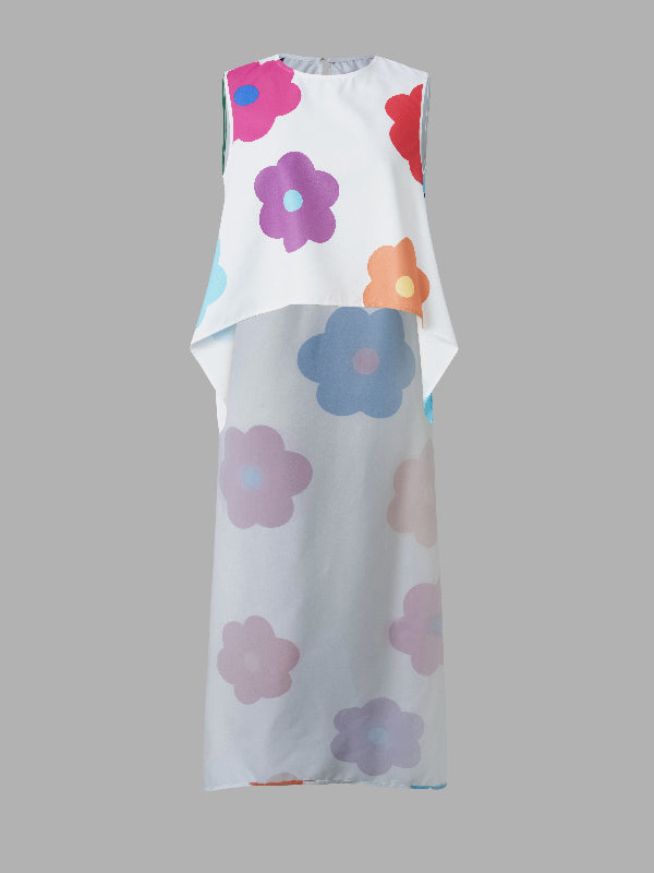 High-Low Loose Contrast Color Floral Printed Round-Neck Vest Top