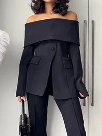 Solid Color Split-Front Split-Joint Long Sleeves Off-The-Shoulder Blazer