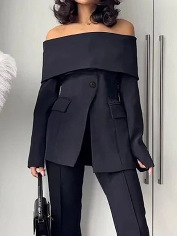 Solid Color Split-Front Split-Joint Long Sleeves Off-The-Shoulder Blazer