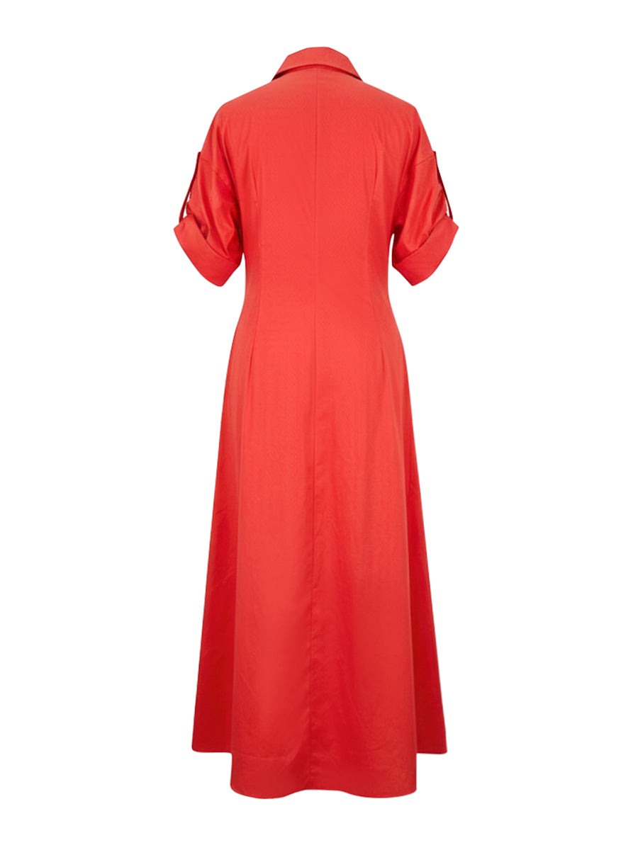 A-Line High Waisted Pleated Solid Color V-Neck Maxi Dresses Shirt Dress