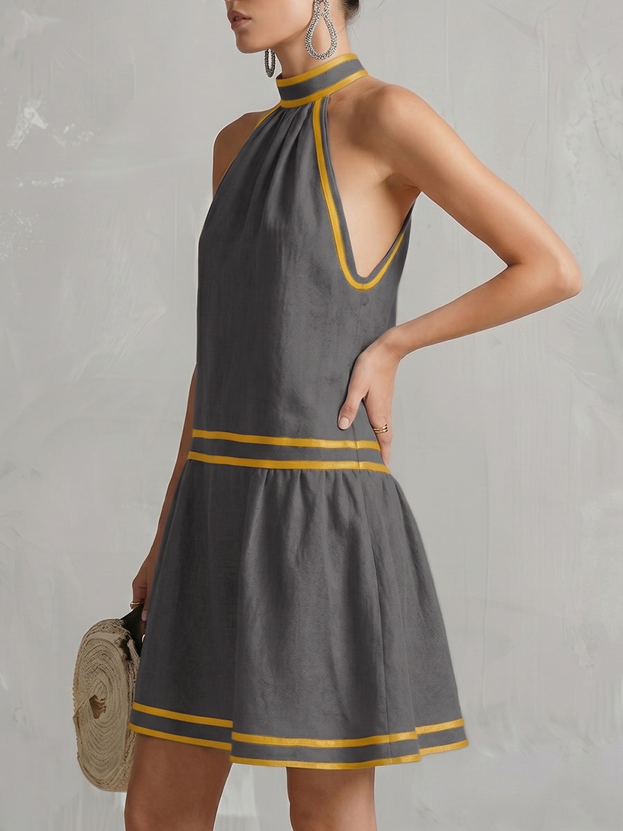Contrast Color Pockets Zipper A-line Sleeveless Halter-Neck Mini Dresses