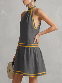 Contrast Color Pockets Zipper A-line Sleeveless Halter-Neck Mini Dresses