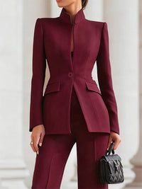 Long Sleeves Buttoned Pockets Solid Color Stand Collar Blazer Outerwear
